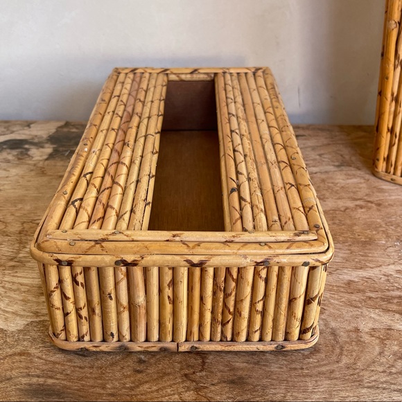 TIKI BAR BAMBOO WASTE CAN & TISSUE BOX COVER SET Vtg 50s-60’s Mid-Century RARE!! - Picture 10 of 13